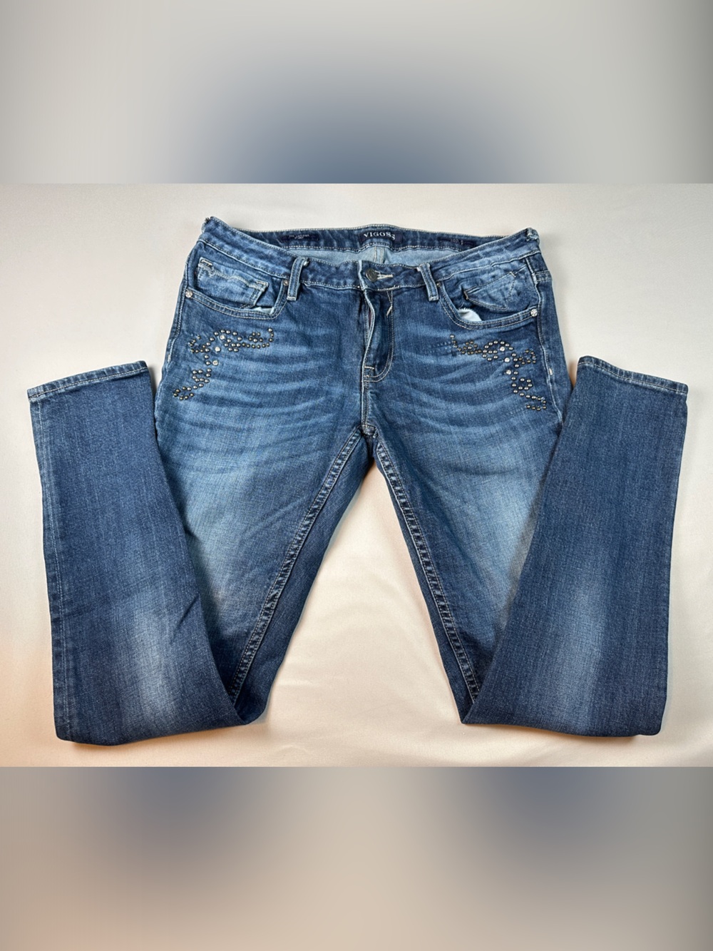 Vigoss Blue Jagger Skinny Jeans Size 31 Distressed Stud Embellishments
